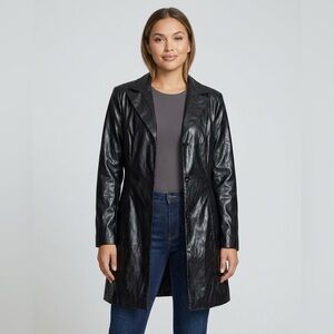 Vintage bebe Faux Leather Jacket Womens 8 Black Y2K Longline Blazer Coat USA